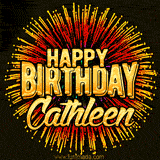 Golden 'Happy Birthday Cathleen' text accompanied by animated rainbow fireworks for a festive animated greeting.