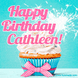 A festive cupcake with pink icing, a gingham bow, and a lit animated sparkler, paired with 'Happy Birthday Cathleen!' in bright pink text.