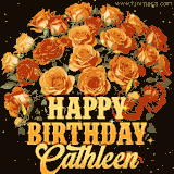 Animated bouquet of orange roses with moving butterfles and golden 'Happy Birthday Cathleen' text, surrounded by sparkling accents and a dark backdrop for a luxurious feel.