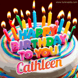 A colorful birthday cake topped with lit candles, with the words 'Happy Birthday Cathleen' in bold glowing letters on a burgundy background. Animated flames add a festive touch.