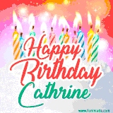 Bright birthday candles with rainbow flames on a cake, alongside the text 'Happy Birthday Cathrine' in vibrant script in this celebratory animated GIF.