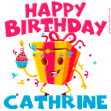 A vibrant and funny gift box character with a happy face dancing with a cupcake and the text 'Happy Birthday Cathrine,' surrounded by animated confetti and party vibes.