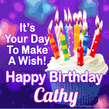 A colorful birthday GIF for Cathy featuring a cupcake with vibrant lit candles and the text 'It's Your Day to Make a Wish! Happy Birthday Cathy' in bold letters on a festive purple background.