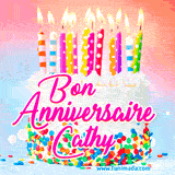 A white birthday cake covered in colorful sprinkles, topped with bright candles, and French text 'Bon Anniversaire Cathy' on a pastel gradient background in an animated GIF.