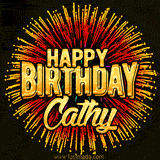 Golden 'Happy Birthday Cathy' text accompanied by animated rainbow fireworks for a festive animated greeting.
