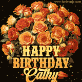 Animated bouquet of orange roses with moving butterfles and golden 'Happy Birthday Cathy' text, surrounded by sparkling accents and a dark backdrop for a luxurious feel.