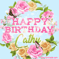 A charming animated GIF featuring 'Happy Birthday Cathy' in pink and green text, surrounded by delicate roses, leaves, and fluttering butterflies on a soft light blue pastel background.
