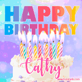 A vibrant animated name GIF with the words 'Happy Birthday Cathy' with colorful candles on a creamy cake. The background sparkles with pastel shades, adding a festive touch.