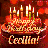 Beautifully decorated red velvet berry birthday cake with vibrant fruits and a glowing 'Cecilia' name, adding a touch of sweetness and sparkle.