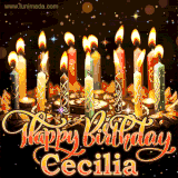 A glowing personalized birthday GIF with name Cecilia featuring lit candles with intricate designs, warm lighting, and the text 'Happy Birthday' in an elegant font.