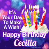 A colorful birthday GIF for Cecilia featuring a cupcake with vibrant lit candles and the text 'It's Your Day to Make a Wish! Happy Birthday Cecilia' in bold letters on a festive purple background.