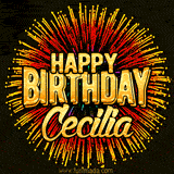 Golden 'Happy Birthday Cecilia' text accompanied by animated rainbow fireworks for a festive animated greeting.