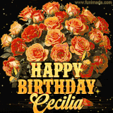 Animated bouquet of orange roses with moving butterfles and golden 'Happy Birthday Cecilia' text, surrounded by sparkling accents and a dark backdrop for a luxurious feel.