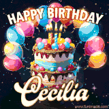 Bright birthday animation for Cecilia with a chocolate cake, candles, balloons, and glowing celebratory lights.