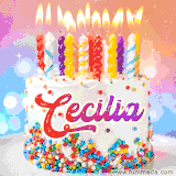 A cheerful white birthday cake with multicolor sprinkles, lit candles, and 'Cecilia' written in vibrant letters, in an animated GIF.