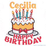 Cartoon birthday cake with a red bow, glowing candles, and 'Cecilia Happy Birthday' text in bold animated style.