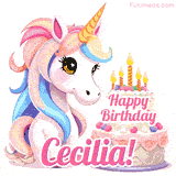 An adorable animated unicorn with soft pastel colors sits beside a birthday cake with glowing candles, and a pink 'Happy Birthday Cecilia!' words.