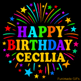 Personalized greeting card with name, colorful text that says 'Happy Birthday Cecilia' surrounded by animated fireworks and multicolor stars