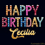 Vibrant luxury birthday greeting card for Cecilia, showing glittering gemstone letters and golden calligraphy on a dark background with twinkling shine effects.