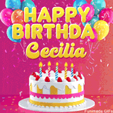 Pink-themed animated greeting with balloons, confetti, and a frosted cake under the message 'Happy Birthday Cecilia' in bold rounded yellow font.