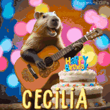 Animated birthday GIF showing a capybara playing guitar and singing beside a birthday cake with the name Cecilia in large letters and colorful bokeh lights in the background.