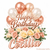 Classy Happy Birthday Cecilia looping GIF with pastel balloons and greenery