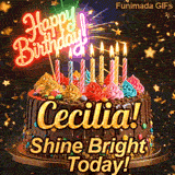 A chocolate frosted cake on a gold stand with glowing yellow candles and the text Shine Bright Today! personalized for Cecilia.