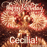 A luxury red present tied with a golden bow and topped with gold and burgundy balloons, personalized with the name Cecilia