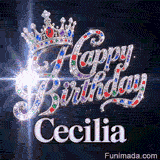 A customized birthday GIF for Cecilia featuring a silver crown under a glittering sky filled with light bursts.
