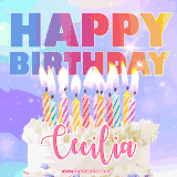 A vibrant animated name GIF with the words 'Happy Birthday Cecilia' with colorful candles on a creamy cake. The background sparkles with pastel shades, adding a festive touch.