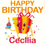 A vibrant and funny gift box character with a happy face dancing with a cupcake and the text 'Happy Birthday Cecilia,' surrounded by animated confetti and party vibes.