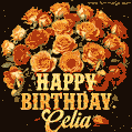 Beautiful bouquet of orange and red roses for Celia, golden inscription and twinkling stars