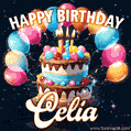 Hand-drawn happy birthday cake adorned with an arch of colorful balloons - name GIF for Celia