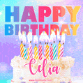 Animated Happy Birthday Cake with Name Celia and Burning Candles