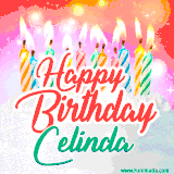 Bright birthday candles with rainbow flames on a cake, alongside the text 'Happy Birthday Celinda' in vibrant script in this celebratory animated GIF.