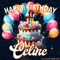 Hand-drawn happy birthday cake adorned with an arch of colorful balloons - name GIF for Celine