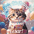 Happy birthday gif for Cesar with cat and cake