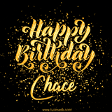 Animated GIF with colorful, festive 'Happy Birthday Chace' text decorated with patterns, a party hat, and falling confetti. A vibrant and cheerful design for birthday celebrations.