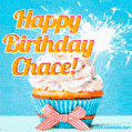 A cheerful animated GIF of a cupcake with creamy frosting, a red checkered ribbon, and a bright sparkler on top. The text 'Happy Birthday Chace!' is displayed in vibrant orange and red.