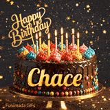 A customized birthday greeting card for Chace showing a chocolate frosted cake under falling gold dust.