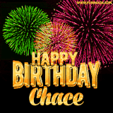 A captivating GIF with bursts of green, pink, and orange fireworks lighting up the night sky, accompanied by 'Happy Birthday Chace' in glowing golden text.