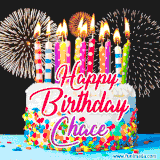 A lively happy birthday animated GIF showcasing a colorful birthday cake covered in sprinkles, topped with glowing candles, and surrounded by vibrant fireworks. The name 'Chace' is featured in elegant script.