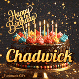 Elegant yellow script spelling Chadwick on a chocolate glaze birthday cake with glowing multicolored candles.