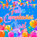 A vibrant animated GIF with 'Feliz Cumpleaños Chael' written in colorful script, surrounded by balloons, confetti, and bunting on a bright blue background.