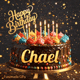 Shimmering animated card featuring a detailed chocolate cake and the name Chael for his birthday celebration.