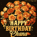 Beautiful bouquet of orange and red roses for Chana, golden inscription and twinkling stars