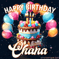 Hand-drawn happy birthday cake adorned with an arch of colorful balloons - name GIF for Chana