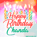Bright birthday candles with rainbow flames on a cake, alongside the text 'Happy Birthday Chanda' in vibrant script in this celebratory animated GIF.