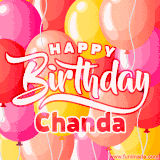 A vibrant name GIF featuring colorful balloons in shades of pink, orange, and yellow with the bold text 'Happy Birthday Chanda' in festive fonts, creating a lively birthday vibe.