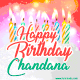 Bright birthday candles with rainbow flames on a cake, alongside the text 'Happy Birthday Chandana' in vibrant script in this celebratory animated GIF.